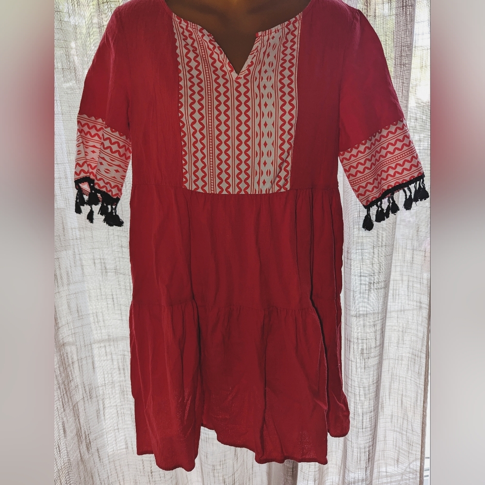 Red Boho Short Dress with Tassels